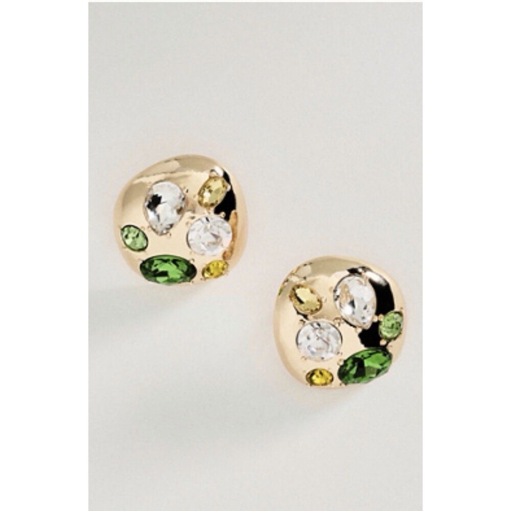 Anthropologie Post Earrings Green Crystal Gold Plate Brass Preppy Retro Boho NWT